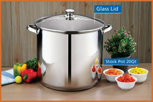Stainless steel stock pot with glass lid on a countertop