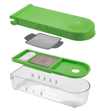 Green onion chopper with open lid, clear container and removable grater insert