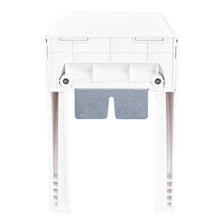White outlet shelf front view with gray cord storage pocket and side vents