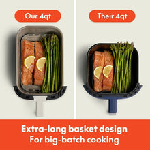Surf blue air fryer basket with salmon fillets, lemon slices, and asparagus