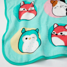Teal fleece throw blanket close-up with animal face prints and teal border
