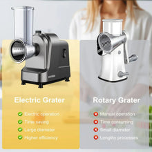 Electric cheese grater with transparent hopper and stainless shredding drum, side view.
