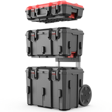 Three-tier dark gray modular rolling toolbox with red latch accents and side wheels