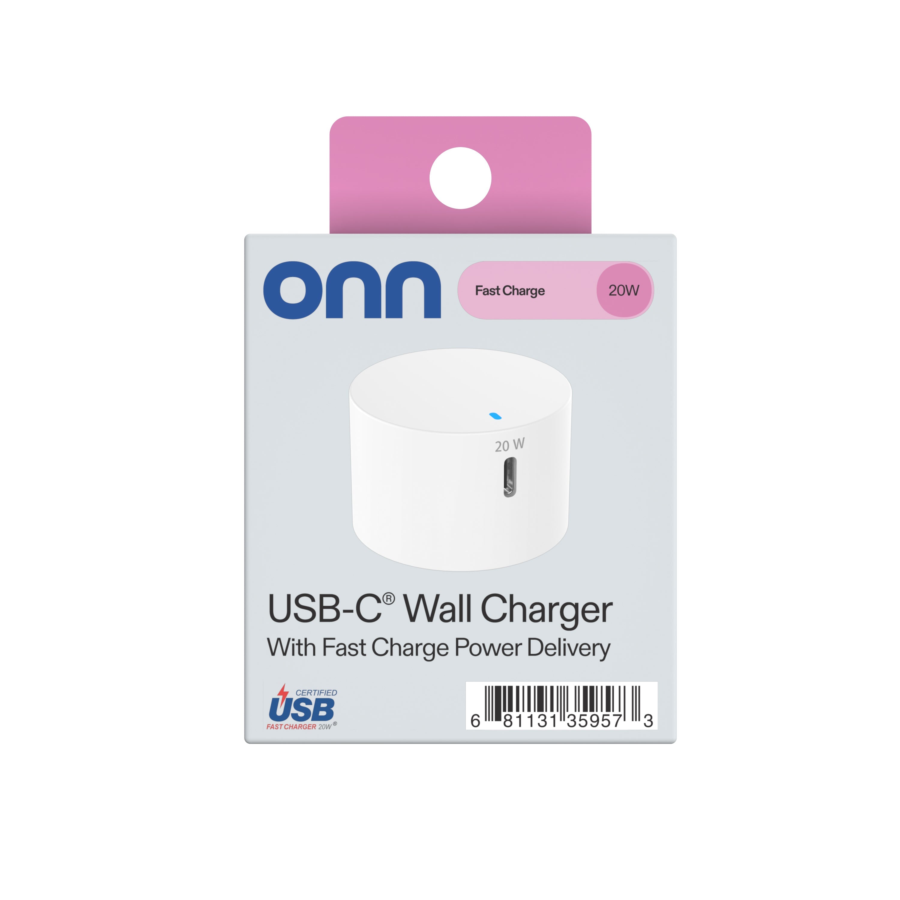 onn 20W Single USB-C Port Wall Charger, Fast Charging, USB-IF Certified, Foldable Plug, White - Compatible with iPhone 17/16/15 Series, Samsung Galaxy, Note, Pixel Devices iPad Pro, & More