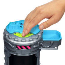 Blue lab container with gray base and open top tray, neon green insert visible