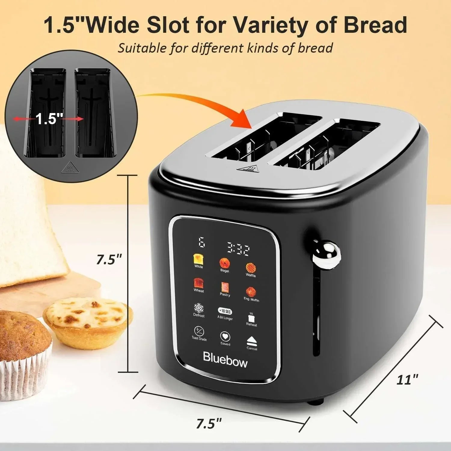 Bluebow 2-Slice Toaster with Touchscreen, 1.5" Wide Slots, 6 Bread Types & Shade Settings, Reheat, Defrost, Cancel, Removable Tray