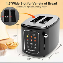 Black 2-slice toaster showing wide bread slots with touchscreen control panel
