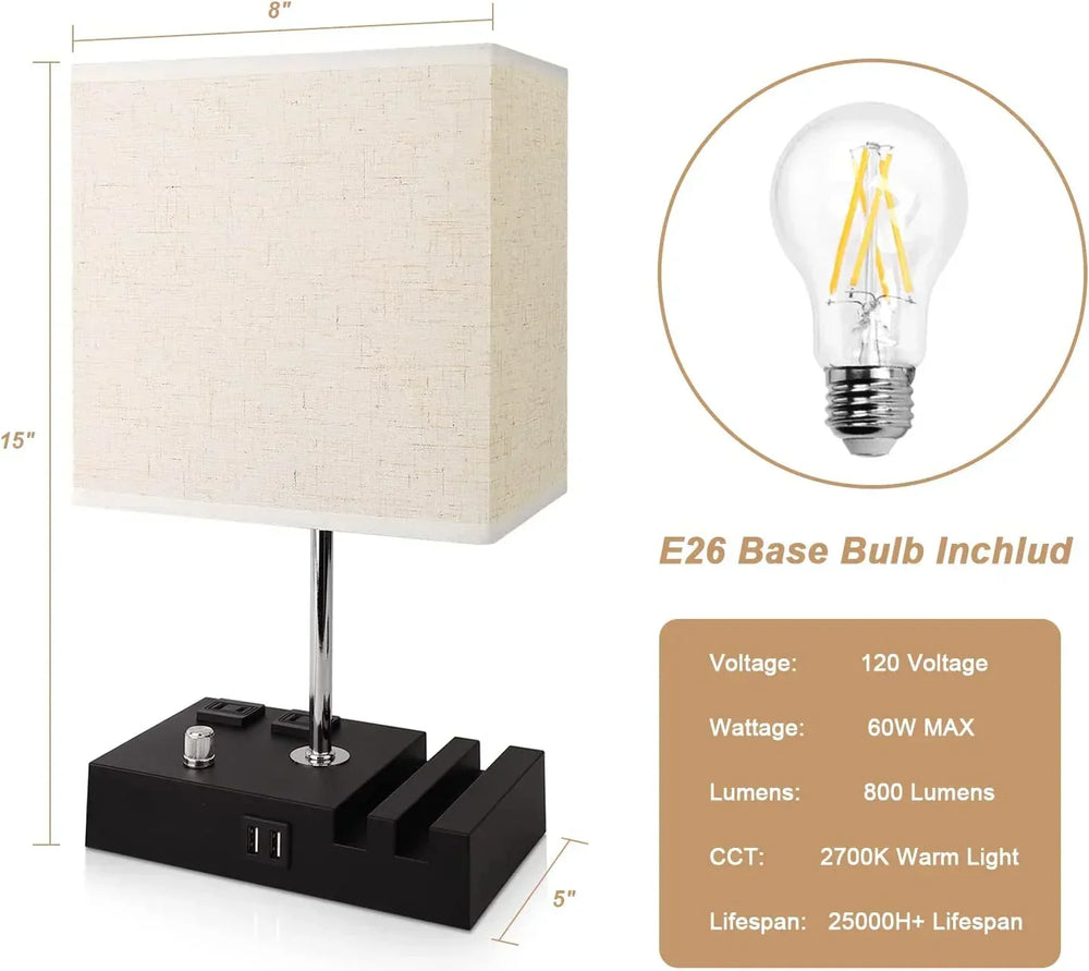 GPED Bedside Table Lamp for Bedroom with Dual Fast USB Charging Ports, Fully Dimmable Nightstand Lamps with 2 Phone Stands and 2 Charging Outlets, Desk lamp with Fabric Shade for Living Room - USA MEGA SHOP
