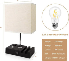 GPED Bedside Table Lamp for Bedroom with Dual Fast USB Charging Ports, Fully Dimmable Nightstand Lamps with 2 Phone Stands and 2 Charging Outlets, Desk lamp with Fabric Shade for Living Room