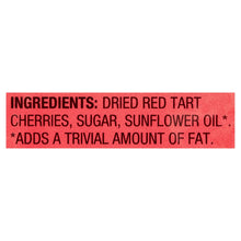 Ingredients label on sweetened dried cherries pouch, including dried red tart cherries