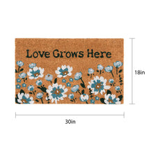 Brown doormat with blue flowers, 'Love Grows Here,' 30 x 18 in size