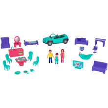 Dollhouse play set accessories: car, furniture pieces, dolls, and small decor