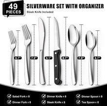 Stainless steel flatware set with forks, spoons, and steak knives shown with measurements