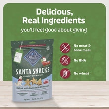 Blue Buffalo Santa Snacks dog biscuit bag with 'Real Ingredients' claims