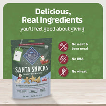 Santa Snacks dog biscuit pouch with icons for no meat, no BHA, and no wheat.
