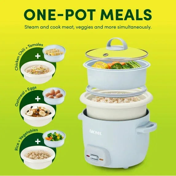 AROMA® 4-Cup Cooked, 2-Cup Uncooked Rice Cooker & Food Steamer with Bonded Granite® Nonstick Ceramic & Pop-Up Steam Tray - Blue - USA MEGA SHOP