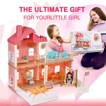Pink three-room dollhouse with balcony and furniture, with doll toy