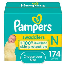 Pampers Swaddlers diaper box for size N, 174 diapers total