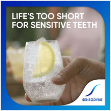 Sensodyne Repair & Protect toothpaste promo panel with hand holding icy lemon