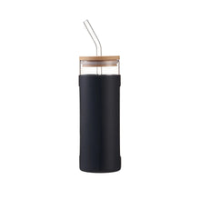 Black glass tumbler with bamboo lid and black silicone sleeve with upright straw
