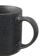 Dark gray stoneware mug with rounded C-shaped handle and speckled texture.