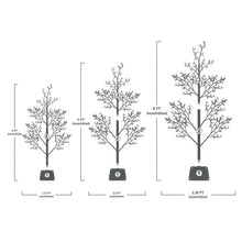 Assembled 4 ft, 5 ft, and 6 ft twinkling LED beaded tree set, diagram with bases