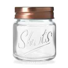 Mini mason jar shot glass with copper lid, clear glass, engraved “Shots”
