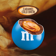 Caramel cold brew filled M&M's candy with caramel swirl inside a blue shell