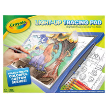 Blue-framed light-up tracing pad; hand traces a dragon picture, colored pencils included