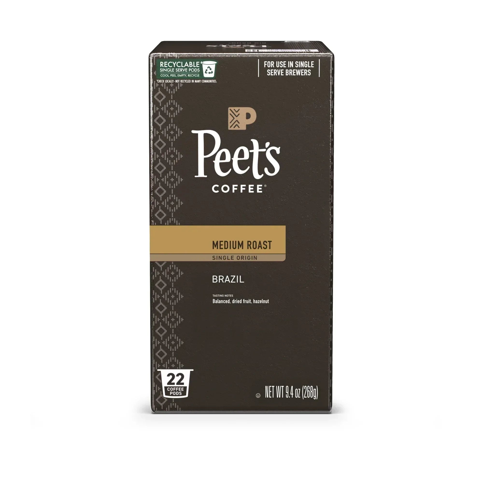 Peet's Coffee Single Origin Brazil Premium Medium Roast Single Serve Coffee Pods, 22 Count