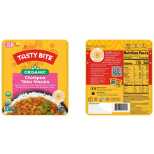 Organic chickpea tikka masala pouch showing front and back nutrition panels