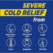 Severe cold relief icon chart: runny nose, sore throat pain, cough, fever, headache, sneezing
