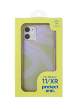 Clear iridescent phone case for iPhone 11 and XR, shown in retail packaging