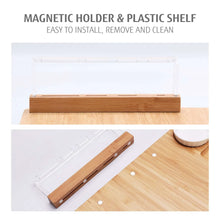 Bamboo cheese board knife set with magnetic holder and plastic shelf for storage