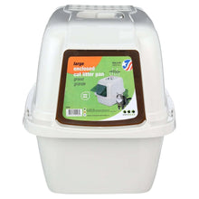 Hooded enclosed cat litter box, pearl white with smoky front window
