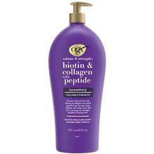 OGX biotin & collagen peptide shampoo bottle with pump, purple label