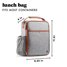 Gray insulated lunch bag with orange trim, zip front, and side pocket