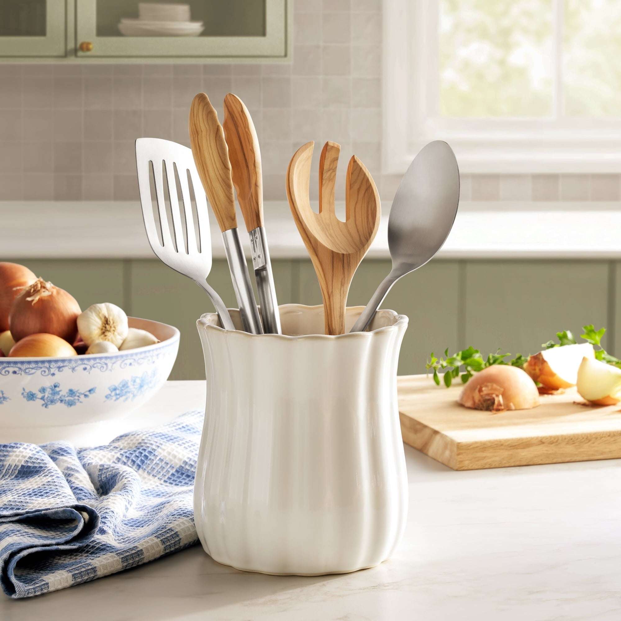 The Pioneer Woman Colette Stoneware Utensil Holder, White