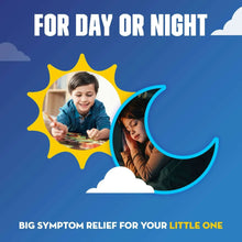 Children’s cough medicine day or night relief ad with child and caregiver