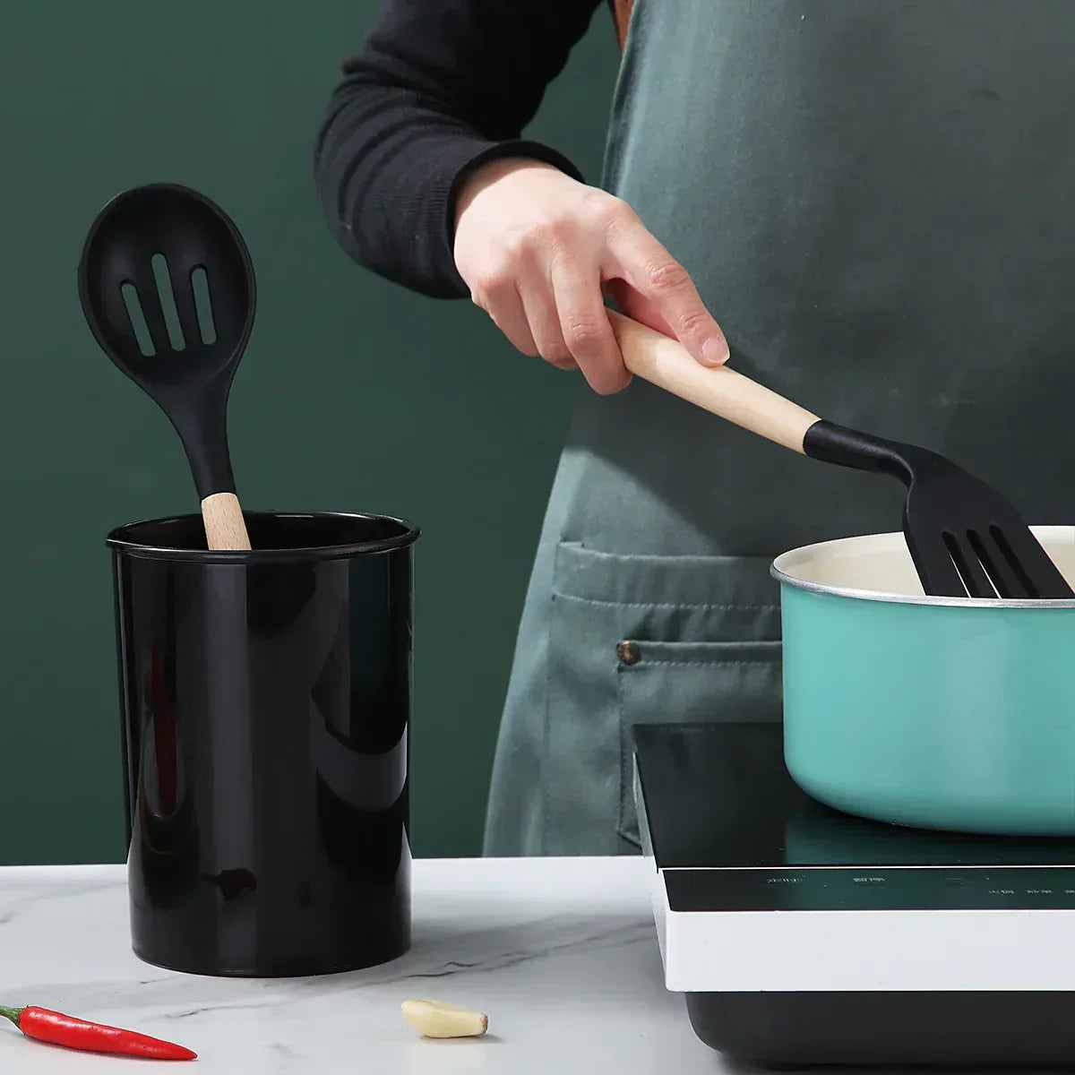 ReaNea Silicone Kitchen Utensils Set 38 Pieces and Utensil Holder (Black)