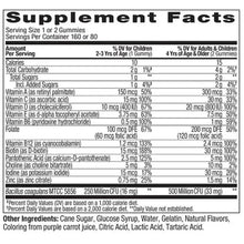 Supplement Facts panel for Kids multivitamin + probiotic gummy vitamins nutrition table