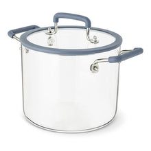 Blue borosilicate glass stock pot with glass lid and blue side handles
