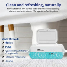 Flushable wipes with white container and aqua wave strip, on countertop