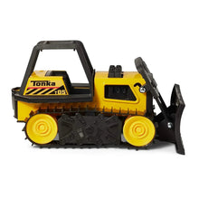 Yellow and black toy steel bulldozer with large rear wheels and front loader