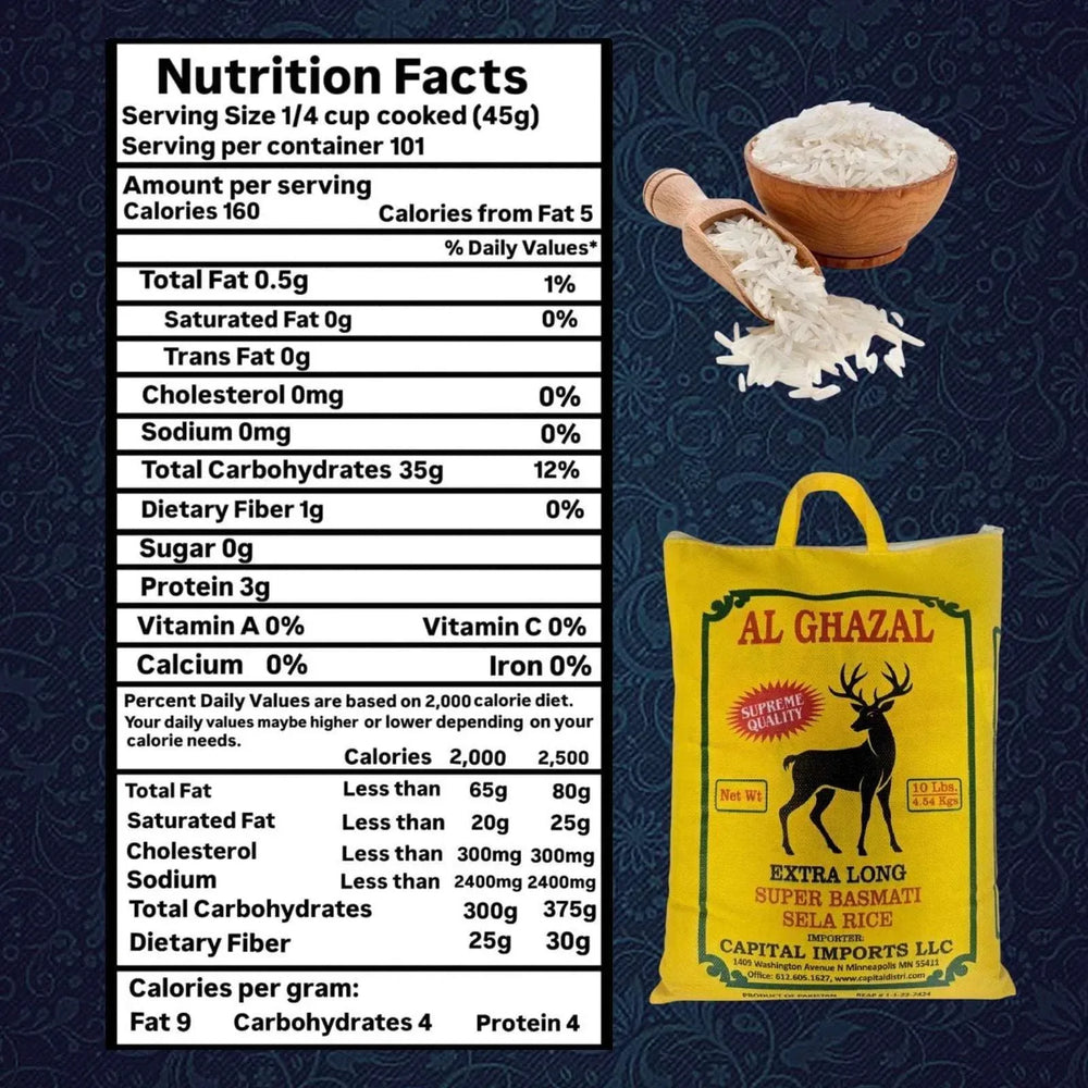 Al Ghazal Basmati Sela Rice Extra Long Super Basmati sela 10 Lbs / 4.54 kg, Non GMO, Extra Long Basmati Rice, White Rice, Vegan Dried Rice, BPA & Gluten Free, Zip Lock Bag, Non Sticky Grain - USA MEGA SHOP
