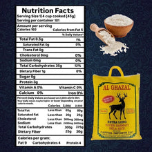 Nutrition facts panel next to extra long basmati rice bag and measuring cup of rice.