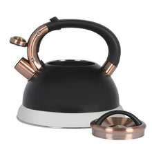 Black tea kettle with copper-toned side spout and top handle on stainless base