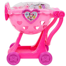 Pink plastic heart-shaped shopping cart toy with Minnie-style emblem and wheels