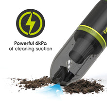 Green cordless handheld vacuum with clear dust cup and nozzle, angled for suction
