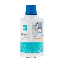 Clear plastic stretch wrap roll on blue dispensing tube, front retail package